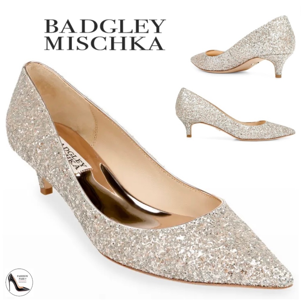 Badgley Mischka Silver Glitter Pointed Kitten Heels
